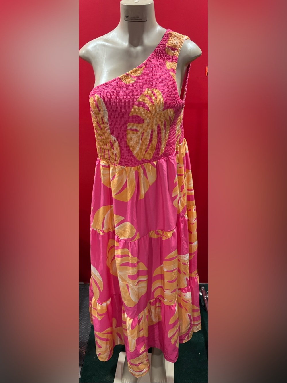 Smocked Waist Pink Maxi Skirt with Yellow Tropical Print